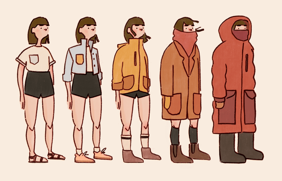 Illustration of a person wearing longer and longer coats.