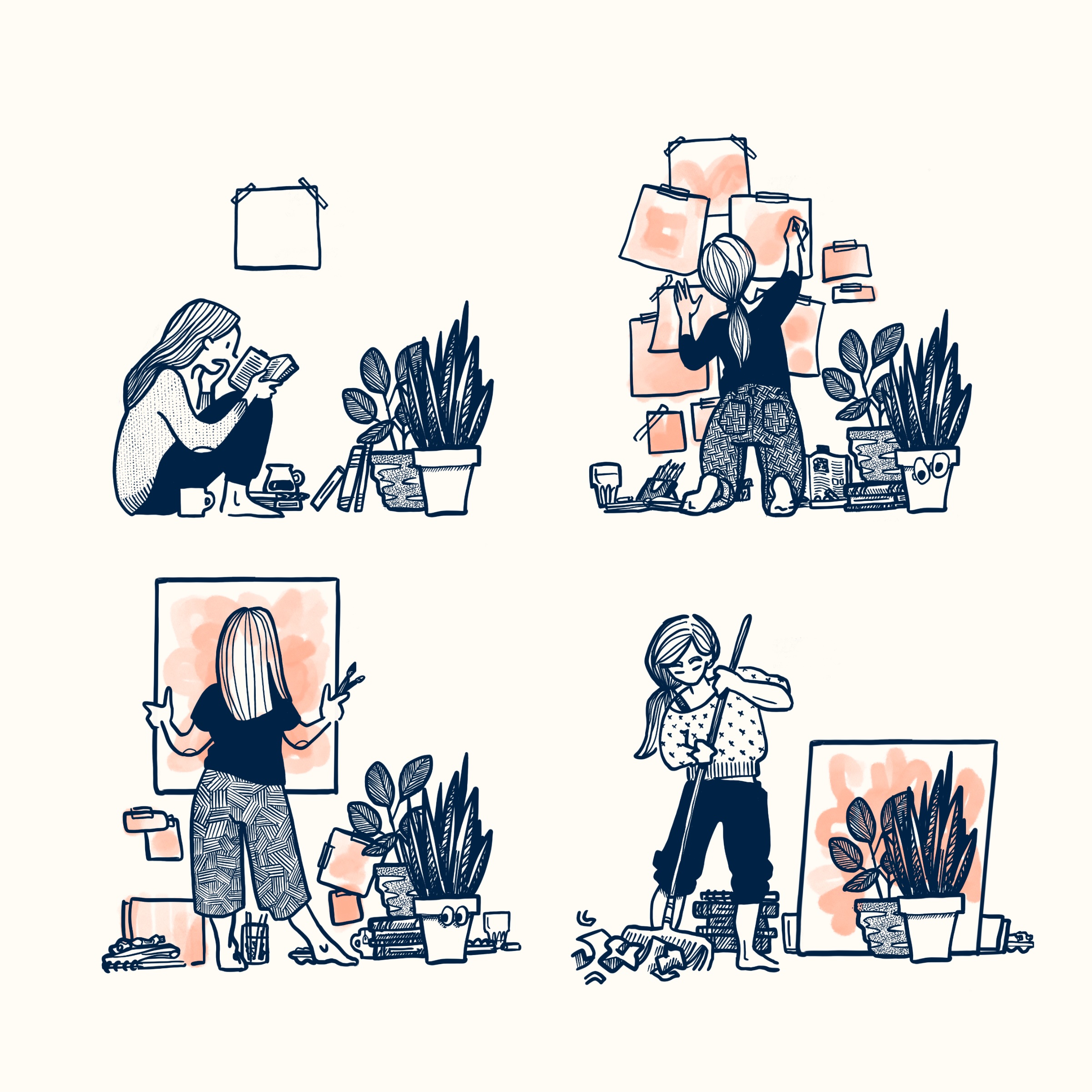 Illustration with four quadrants, showing the progression of someone thinking about, planning, and creating a piece of art. In the final quadrant, they are cleaning up with the final piece hanging in the background.
